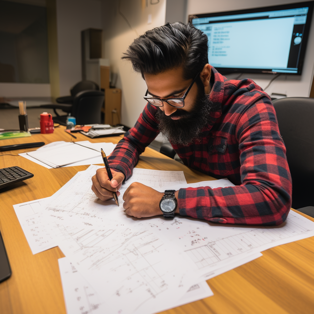 Indian user experience designer creating wireframes on paper