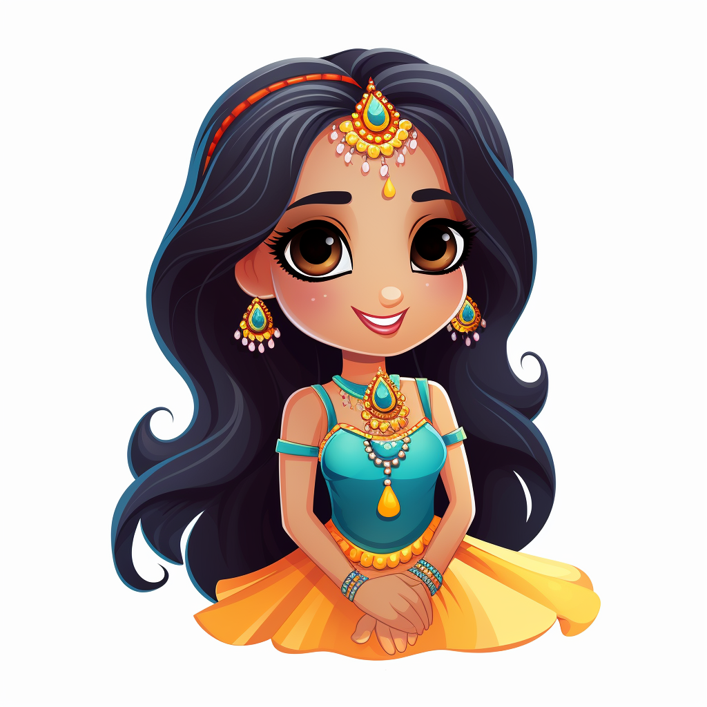 Indian woman in colorful Chibi style, happy and cute