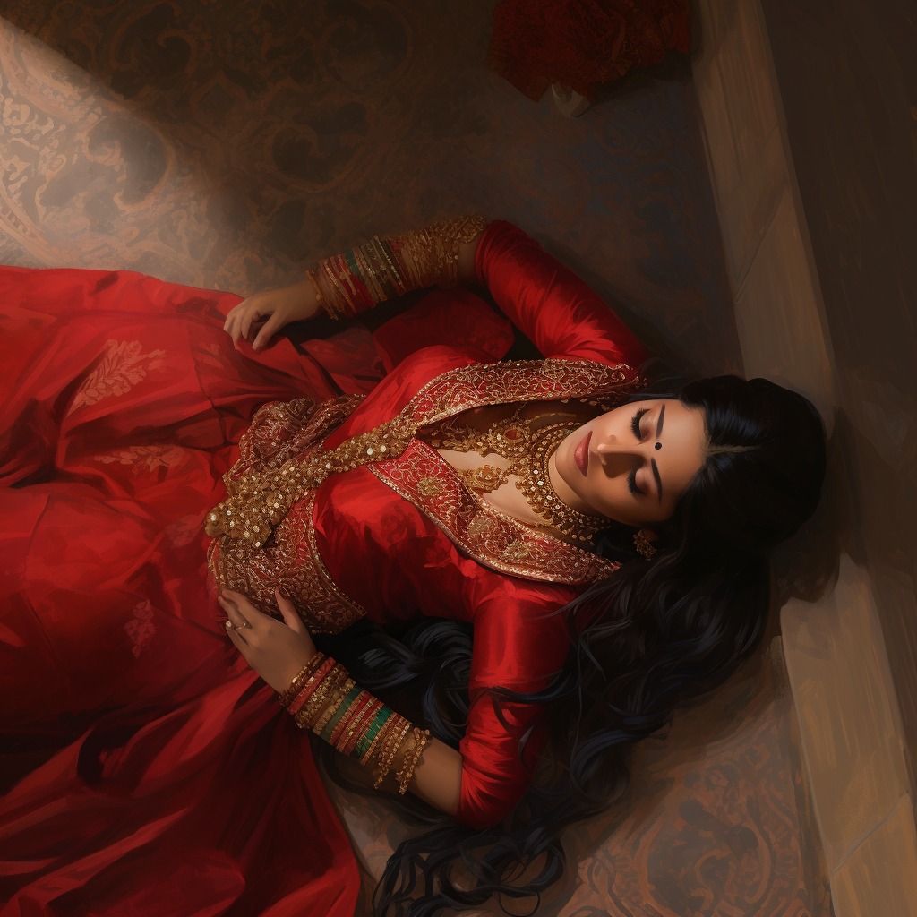 Unconscious Indian woman in red lahenga lying on floor