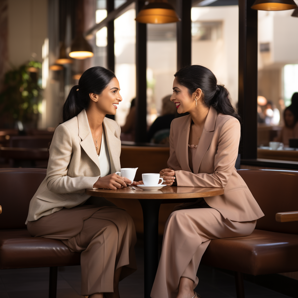 Indian women talking in office cafe