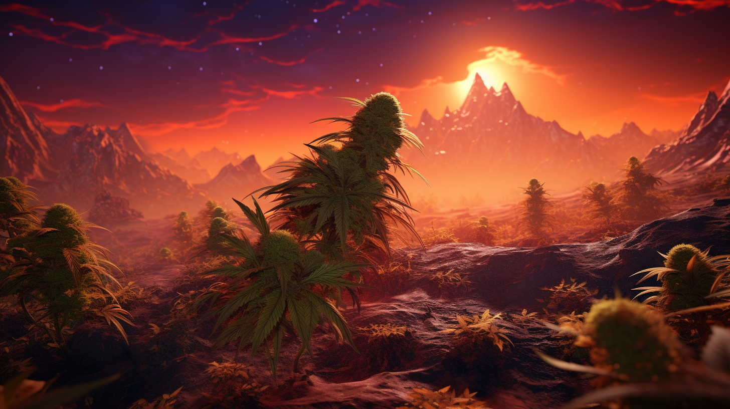 Photo-realistic indica cannabis plant on neon orange planet