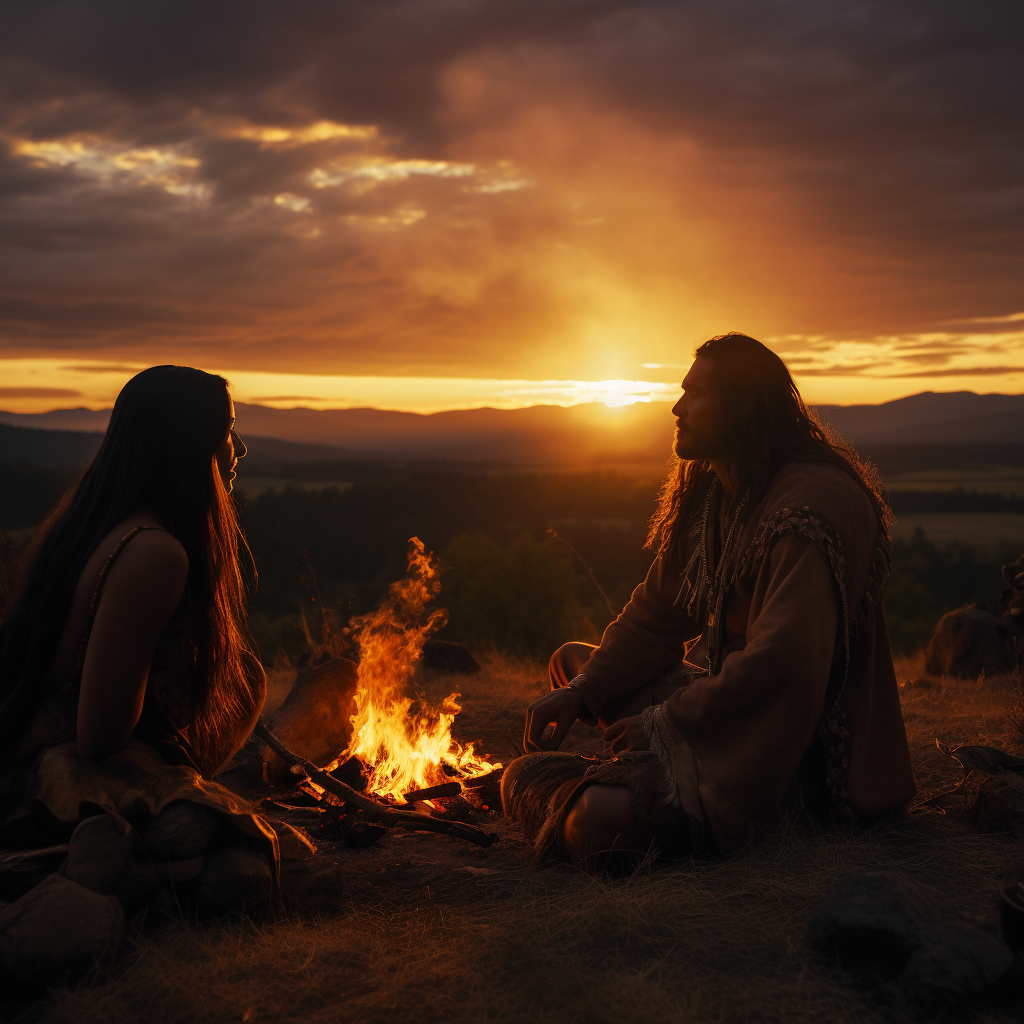 Indigenous Native Americans sharing food around fire at sunset