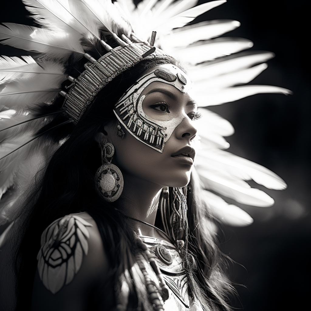 High-Contrast Indigenous Woman with Two Feathers