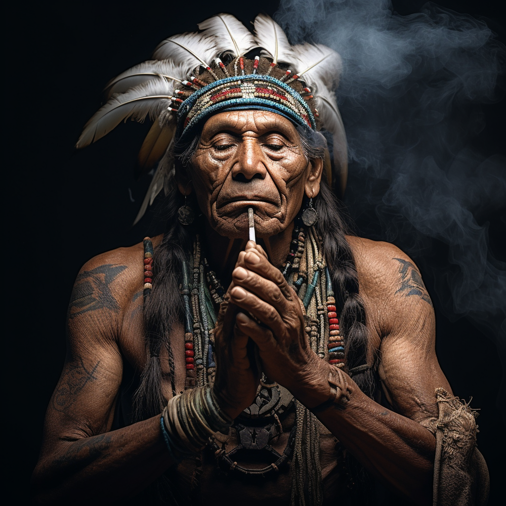 Indigenous man saluting sacred pipe