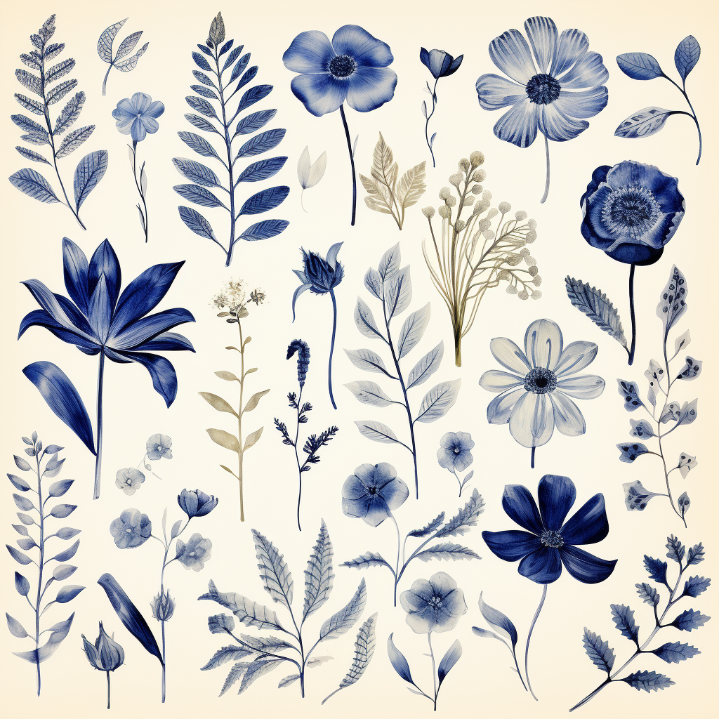 Indigo botanicals on messy cream background