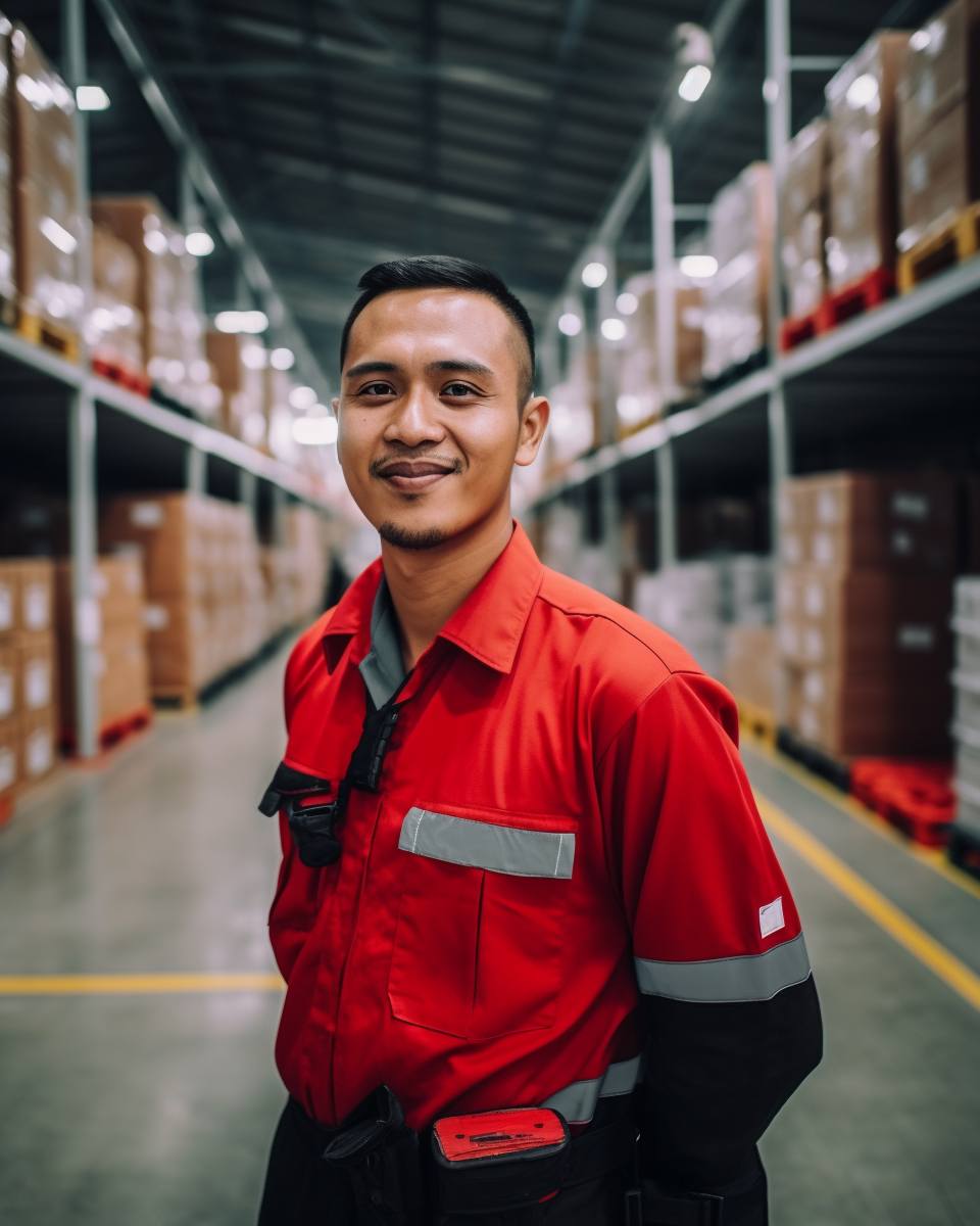 Indonesia security officer guarding logistics warehouse