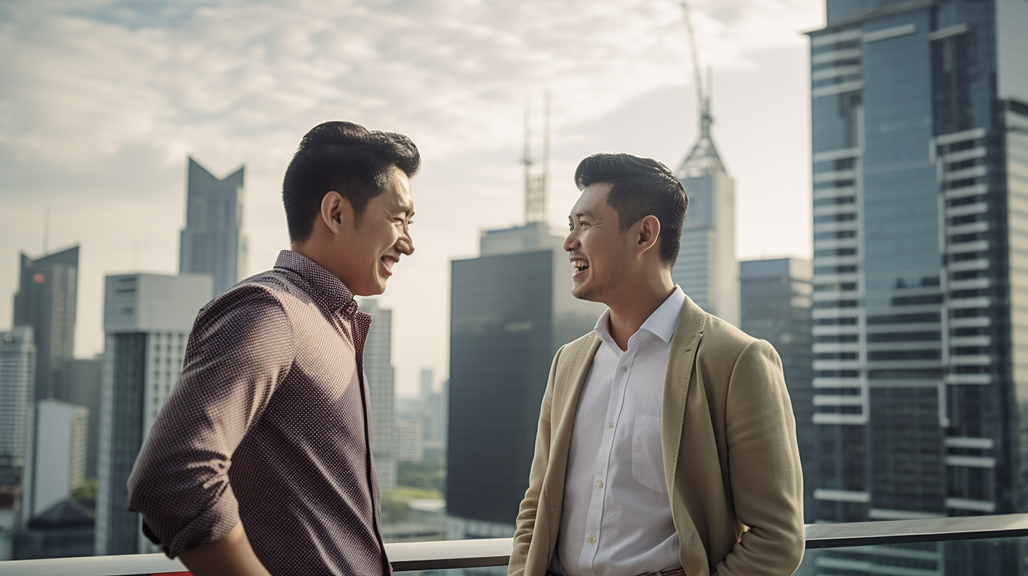 Two young Indonesian businessmen talking on a rooftop at sunset