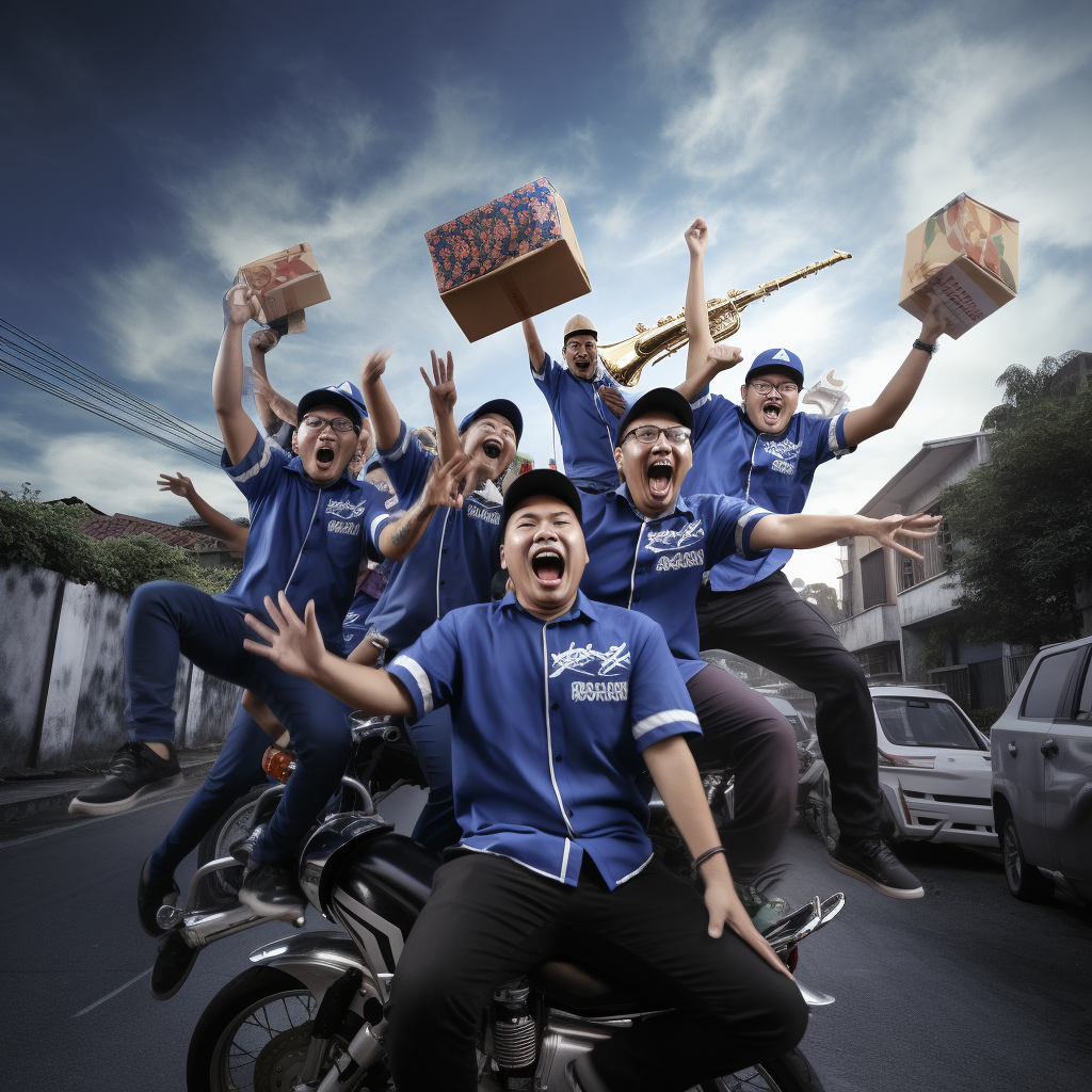 Happy Indonesian Delivery Guys Celebrating New Year