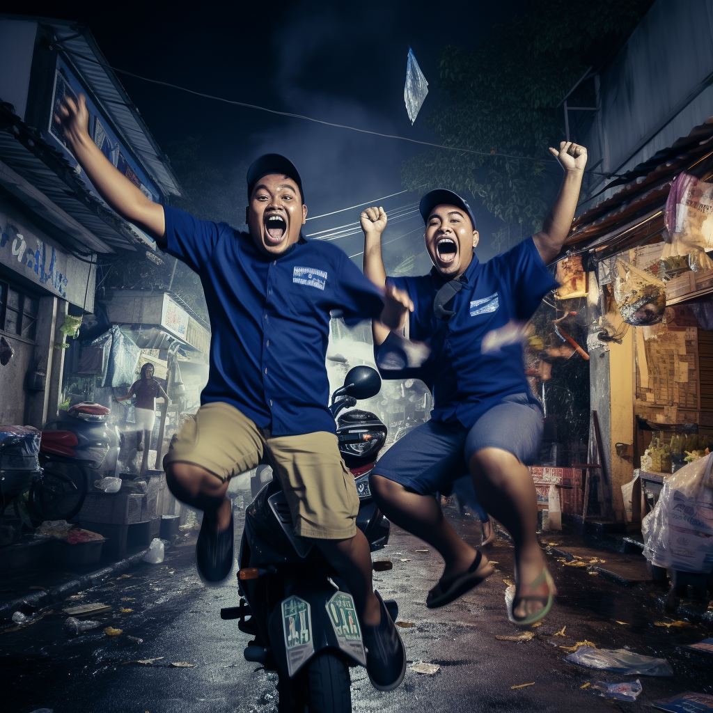 Indonesian delivery guys celebrating new year