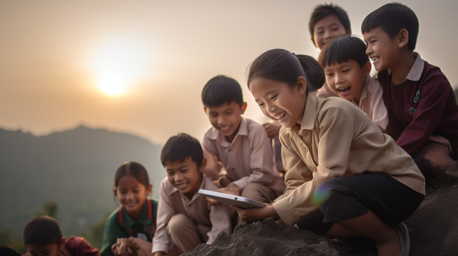 Group of Indonesian elementary school kids with young teacher using a tablet on a hill at sunset