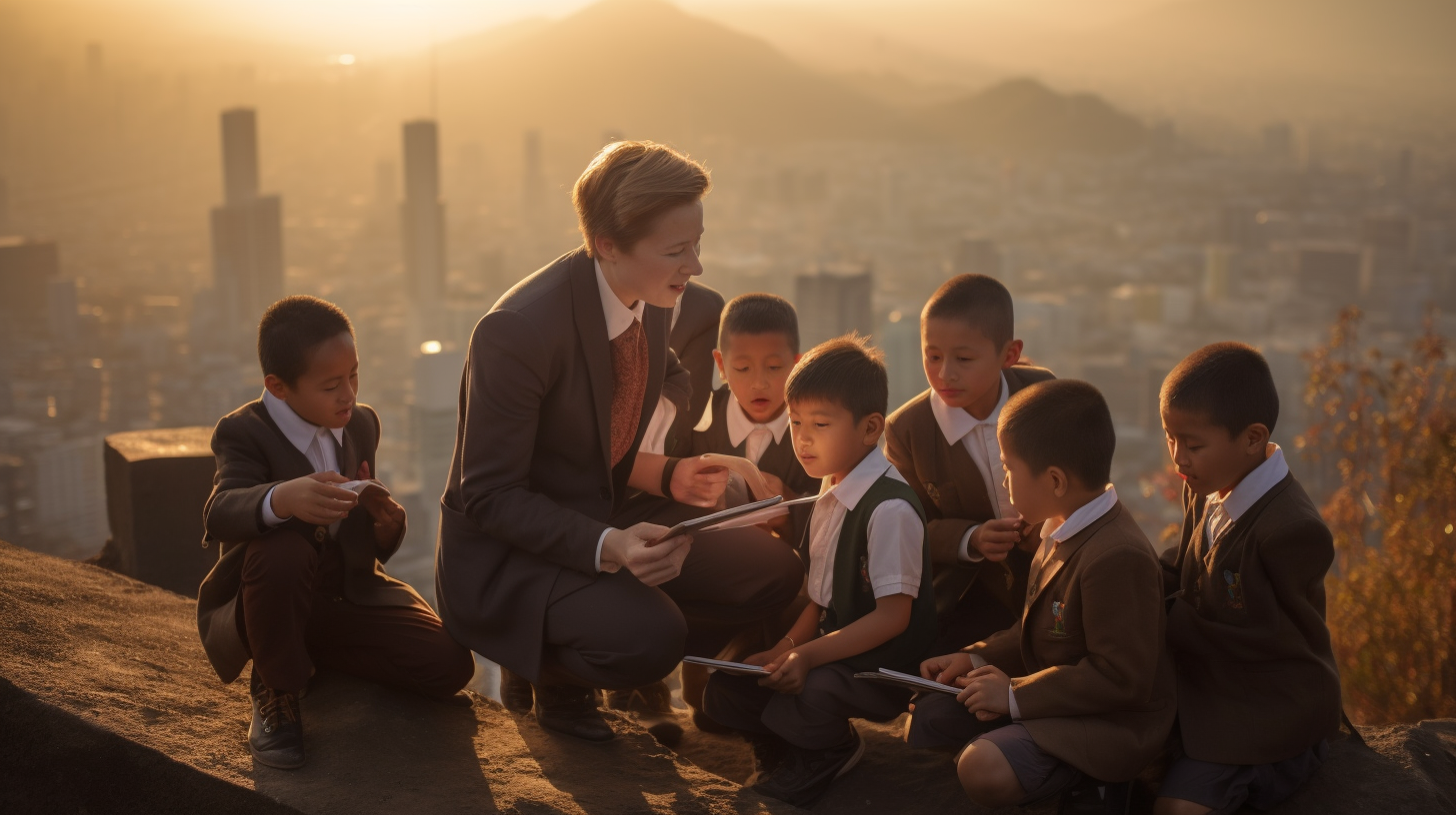 Indonesian Elementary School Kids with Teacher and Tablet