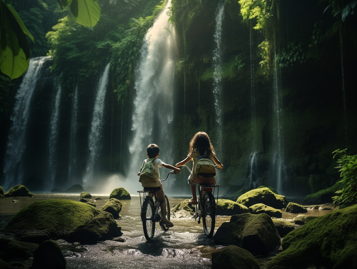 Two Kids Riding Bicycle in Indonesian Rainforest