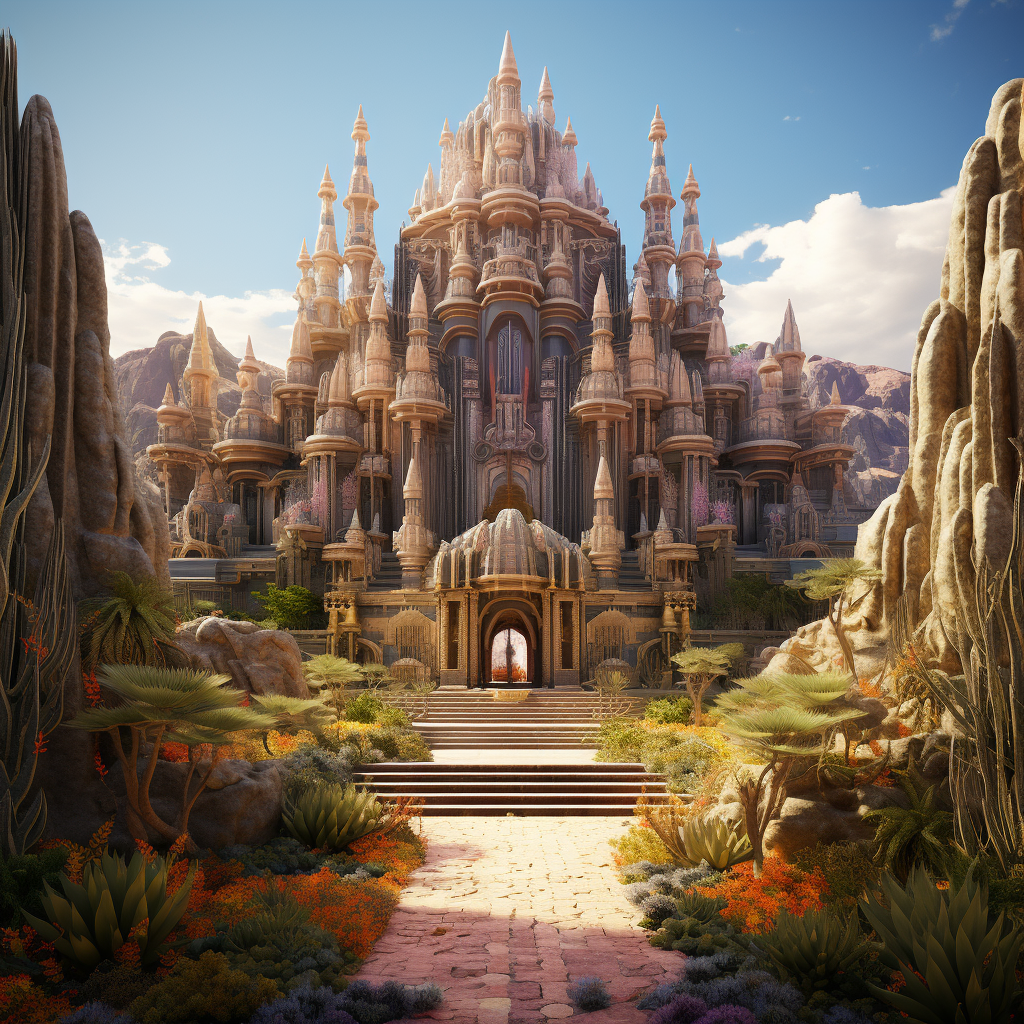 Realistic Indonesian Hindu Temple in Desert with Cacti