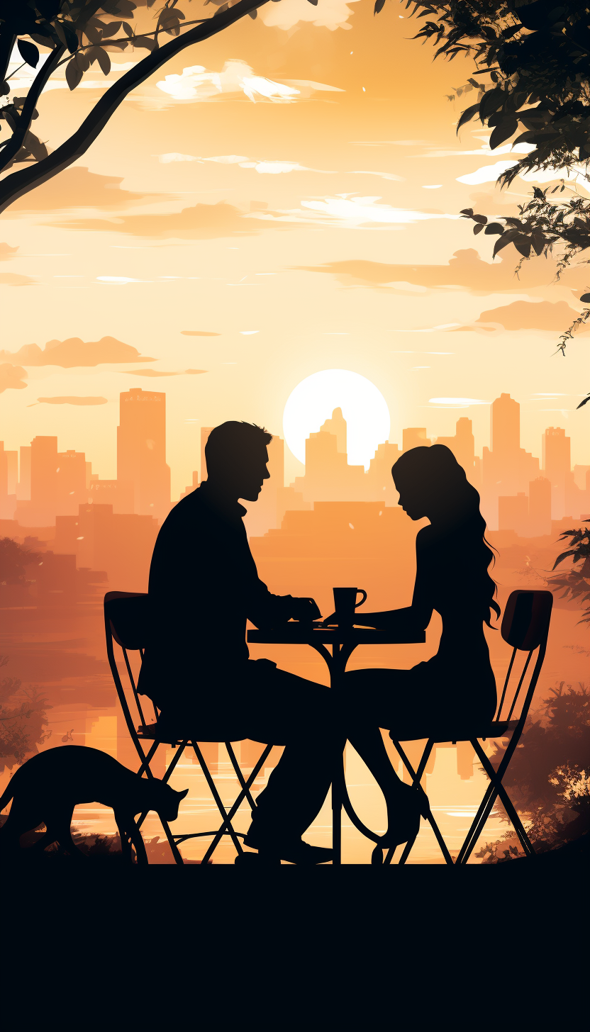 Silhouette of Indonesian man and doctor with hijab girl having breakfast in a cafe