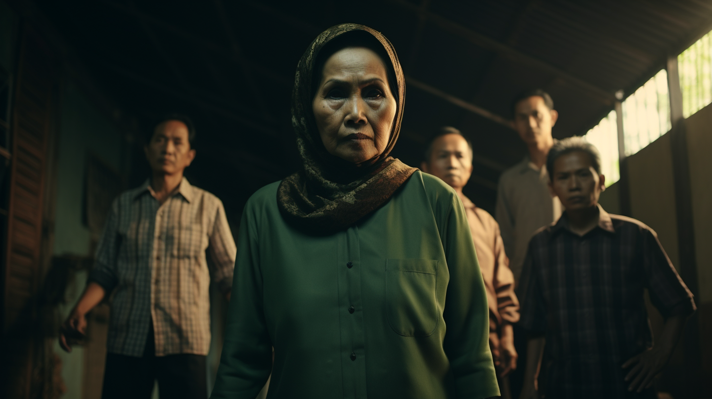 Indonesian old woman with men in green shirts