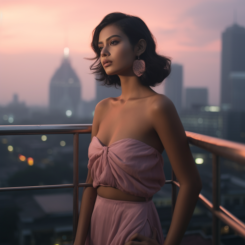 Young Indonesian Woman in Pink Dress on Rooftop