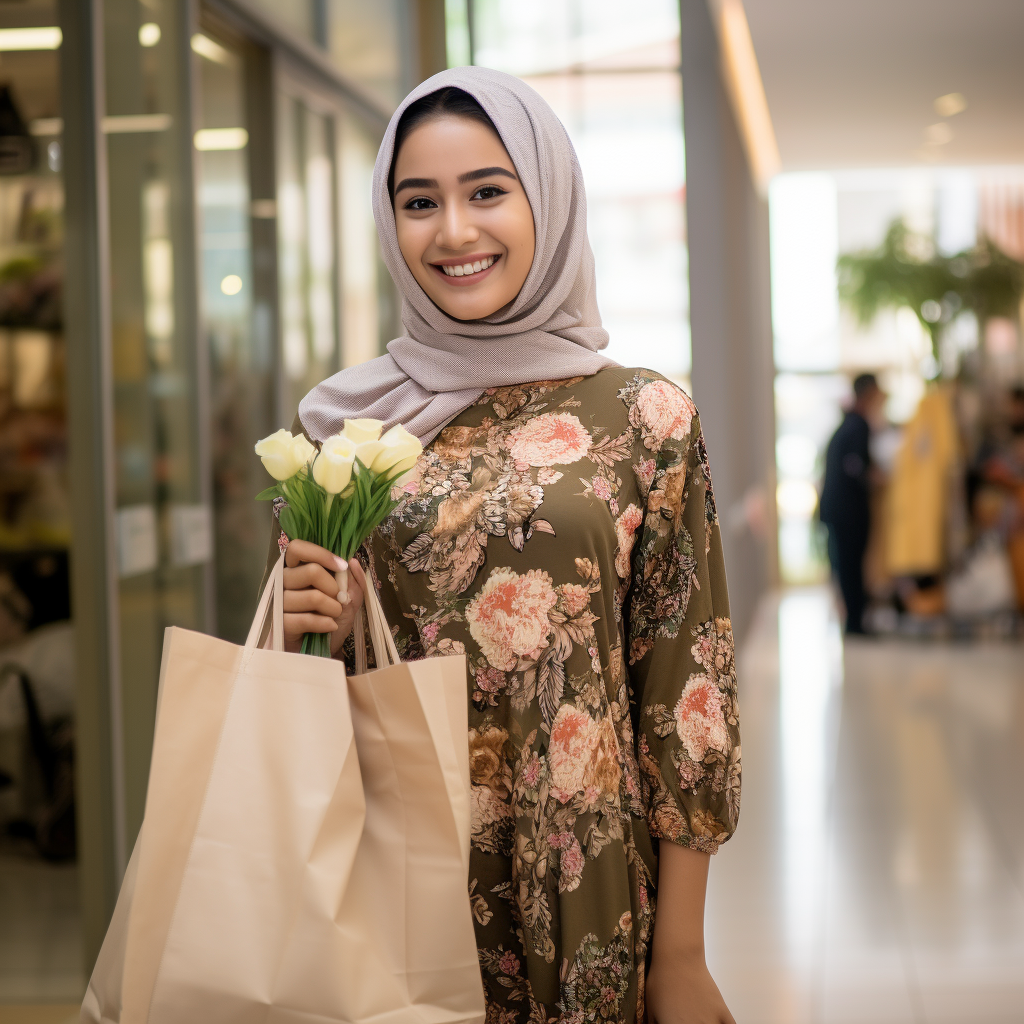 Indonesian woman in elegant fashion with shopping bag