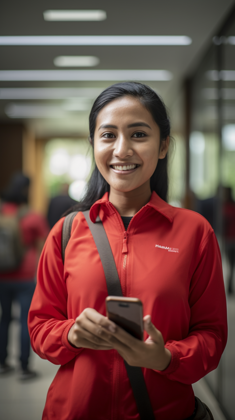 Indonesian woman smiling at smartphone in office  ?