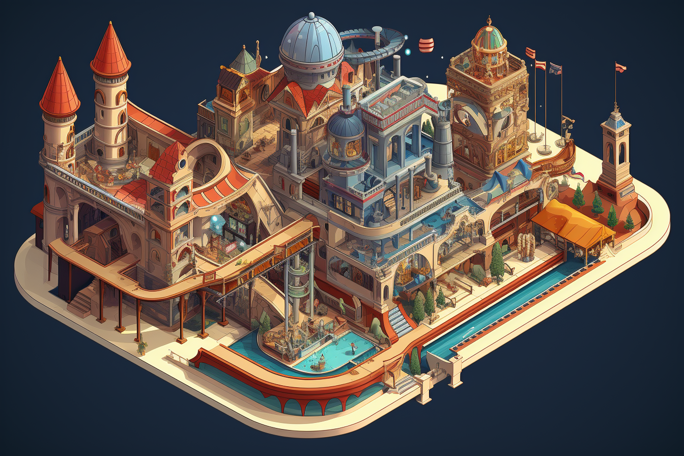 Isometric Illustration of Indoor Disneyworld Ride