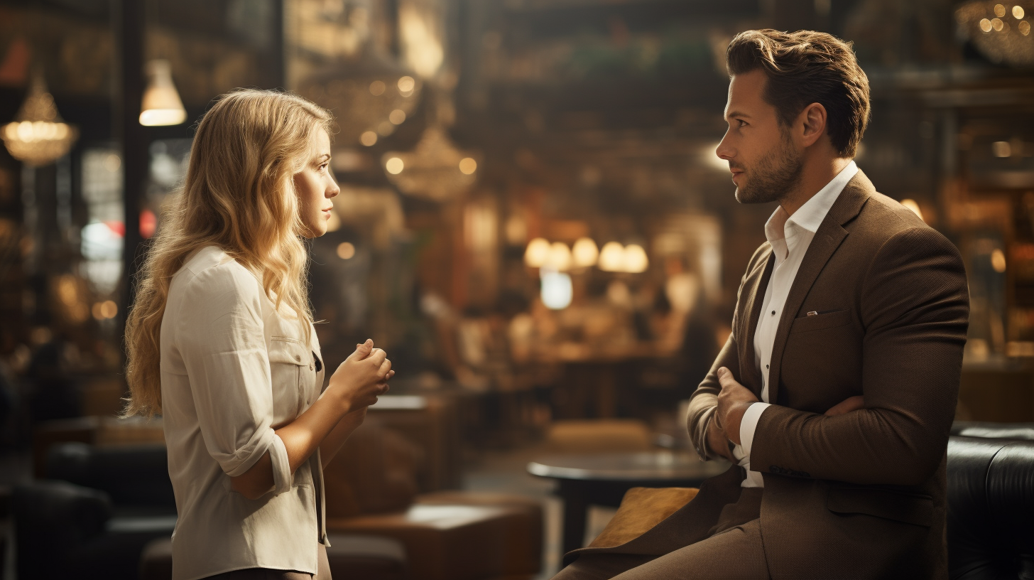 Businessman listening to woman explaining indoors