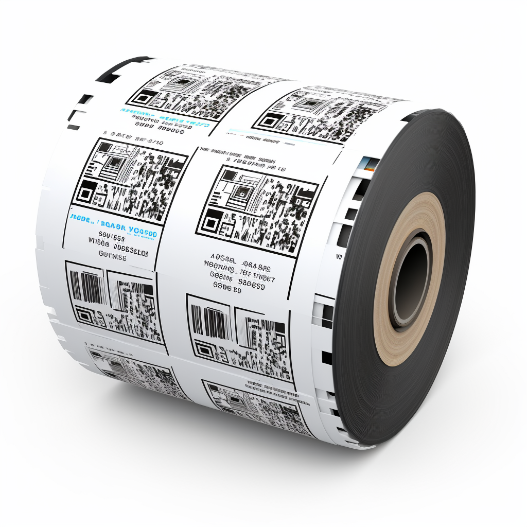 Realistic industrial barcode label printer on white background