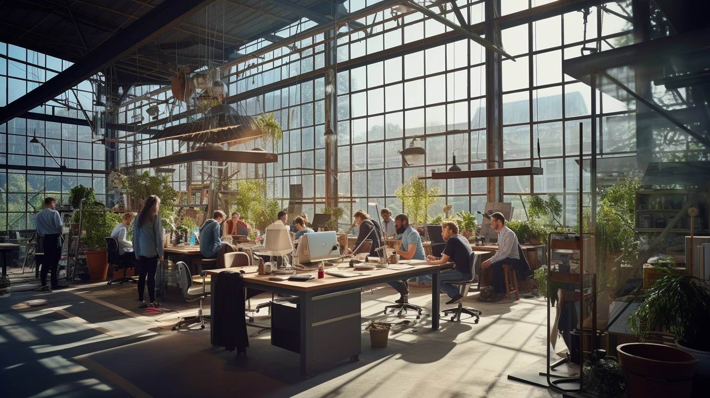 Industrial hipster startup environment with Eames furniture