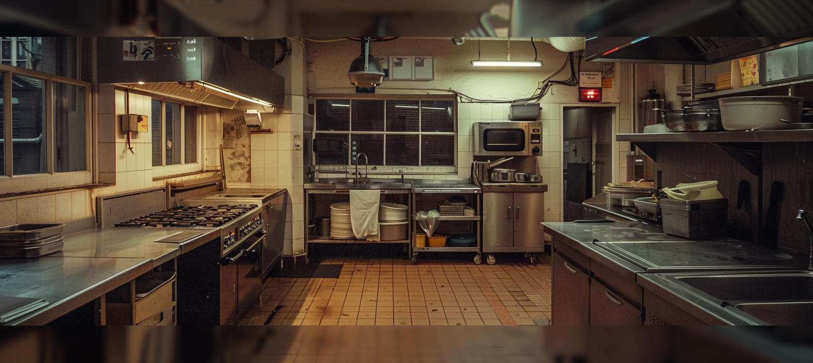 Cleaned industrial kitchen with staff gone