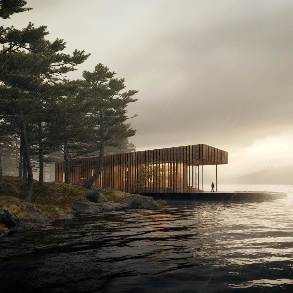 Dramatic stormy trees in industrial timber architecture pavillion