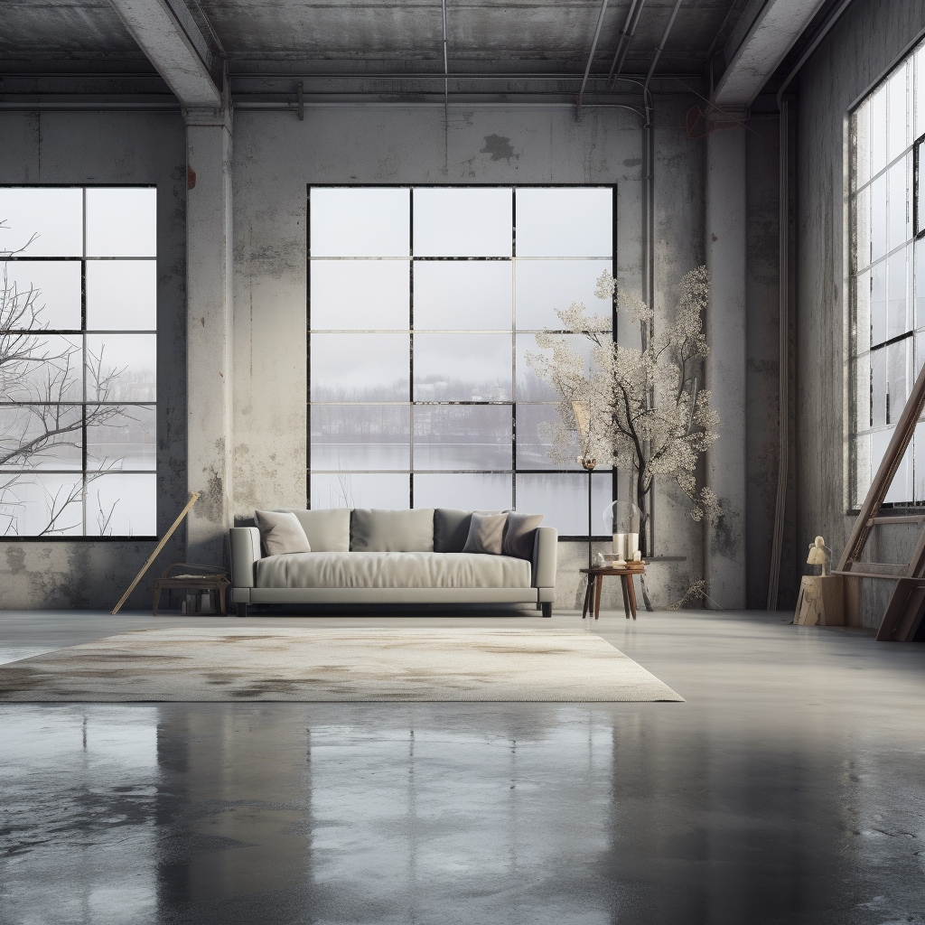 Romantic winter scene on industrial concrete floor