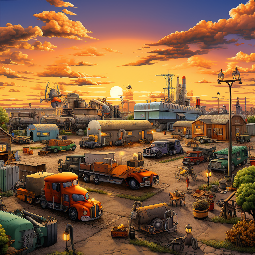 Industrial Landscape with Mechanics Repairing Transportation Trucks