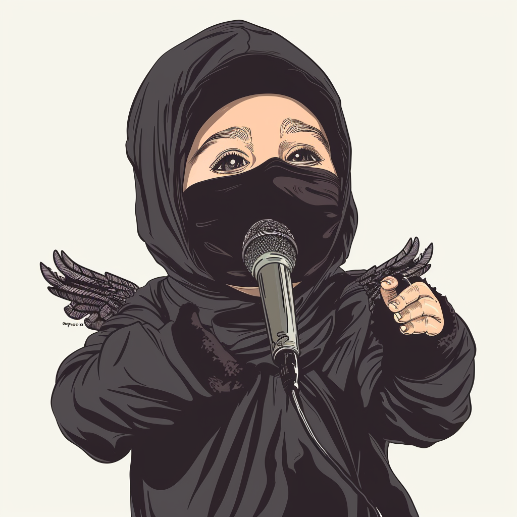 Infant angel with ski mask and microphone