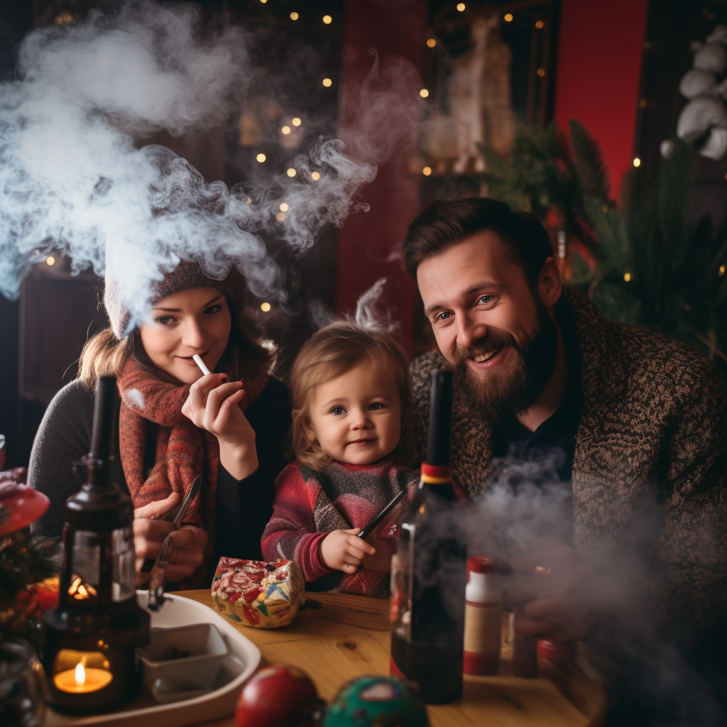 Infant smoking vape during Christmas with family