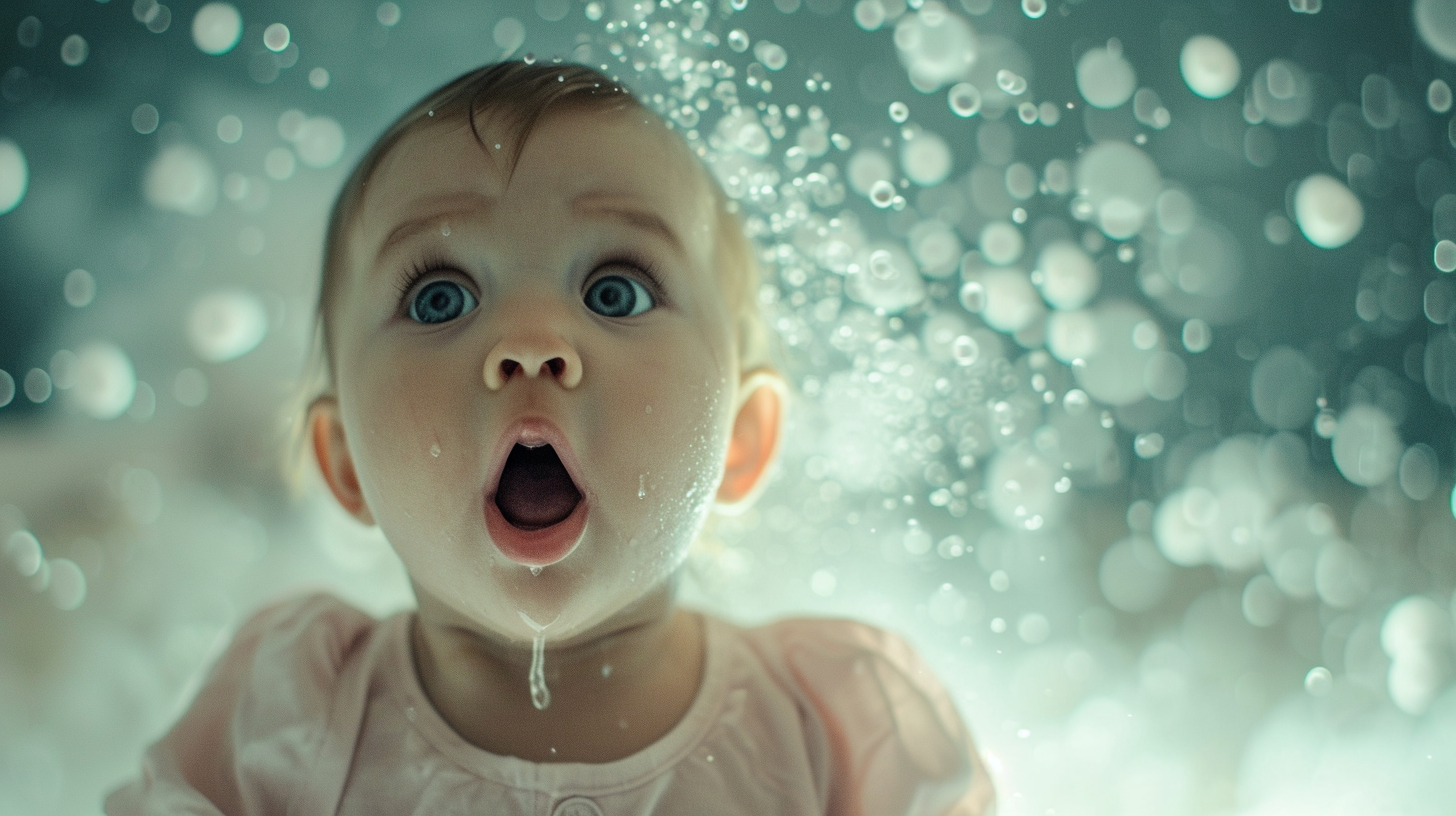 Infant coughing with flying droplets