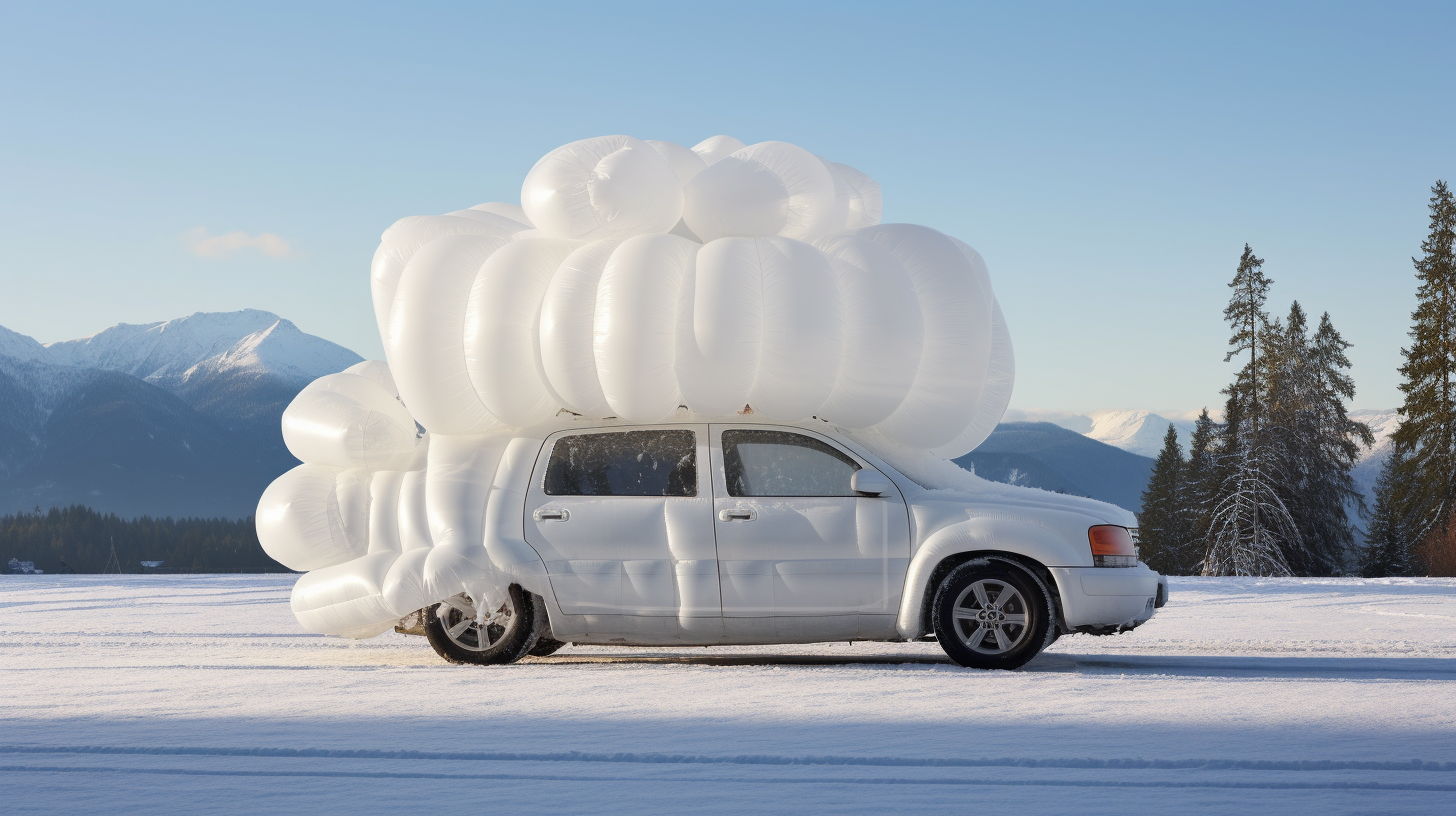 Inflatable SUV shaped balloon in snowy landscape