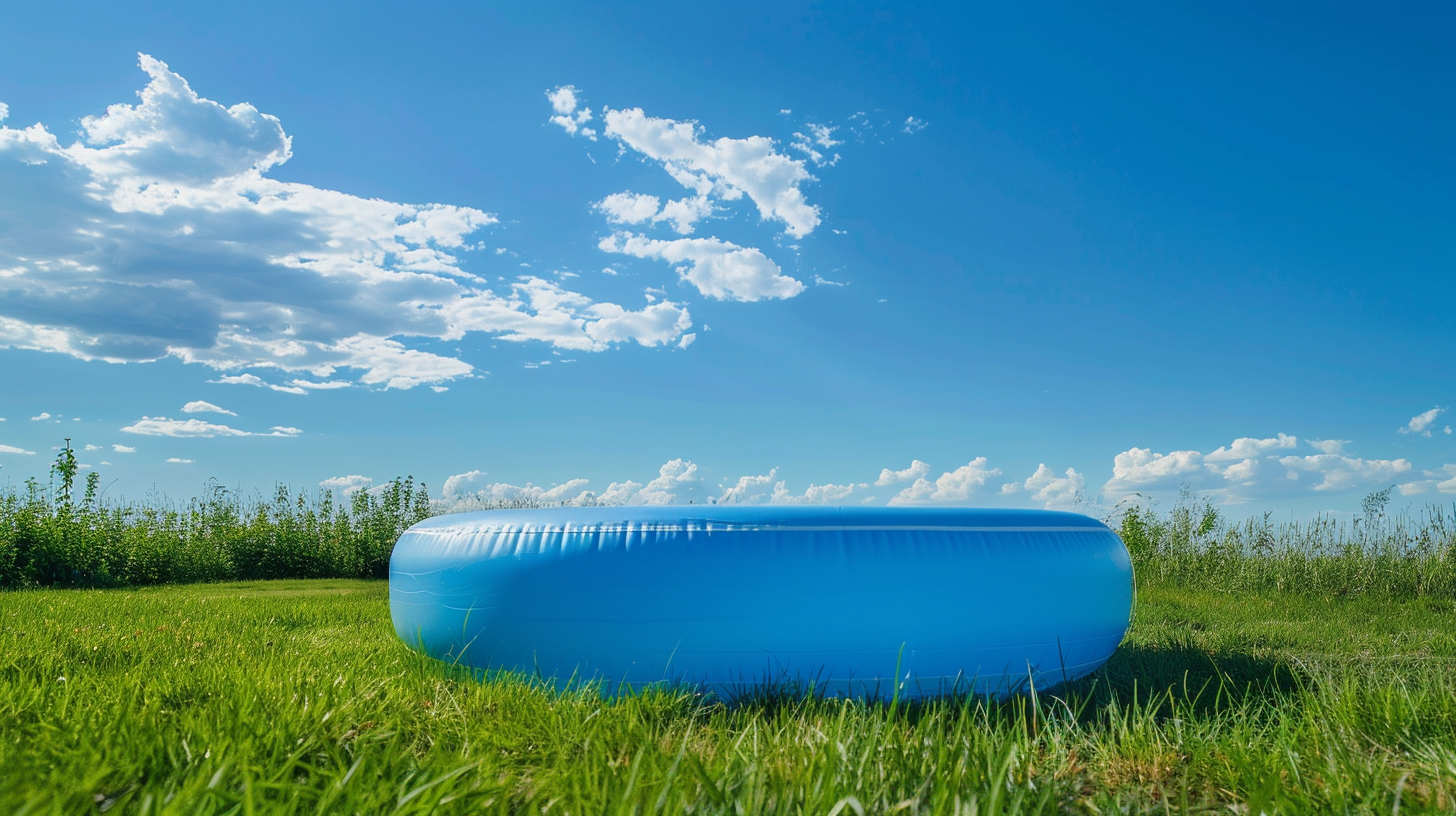 Inflatable pool on lawn under blue sky