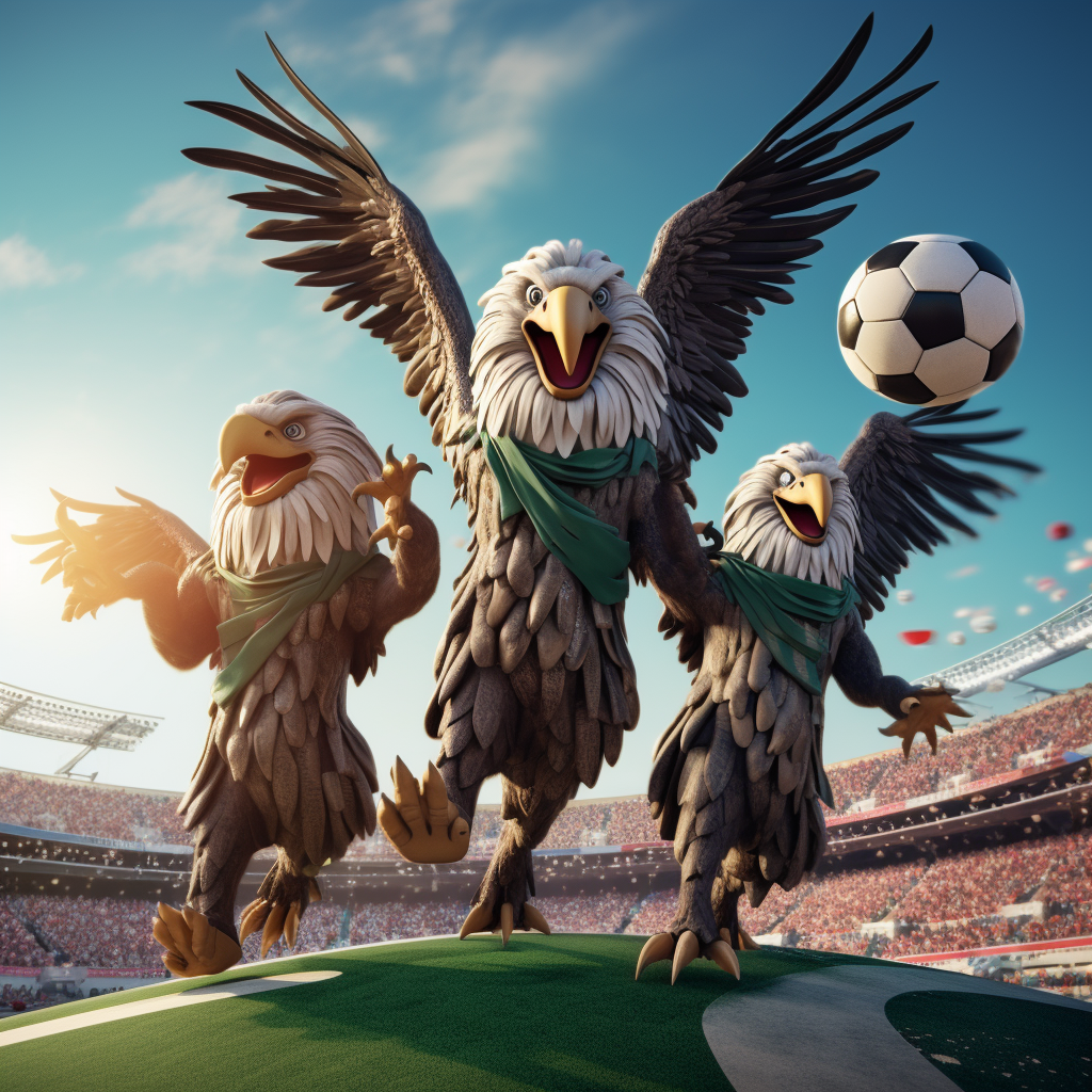 Inflatable eagles playing soccer in the sky