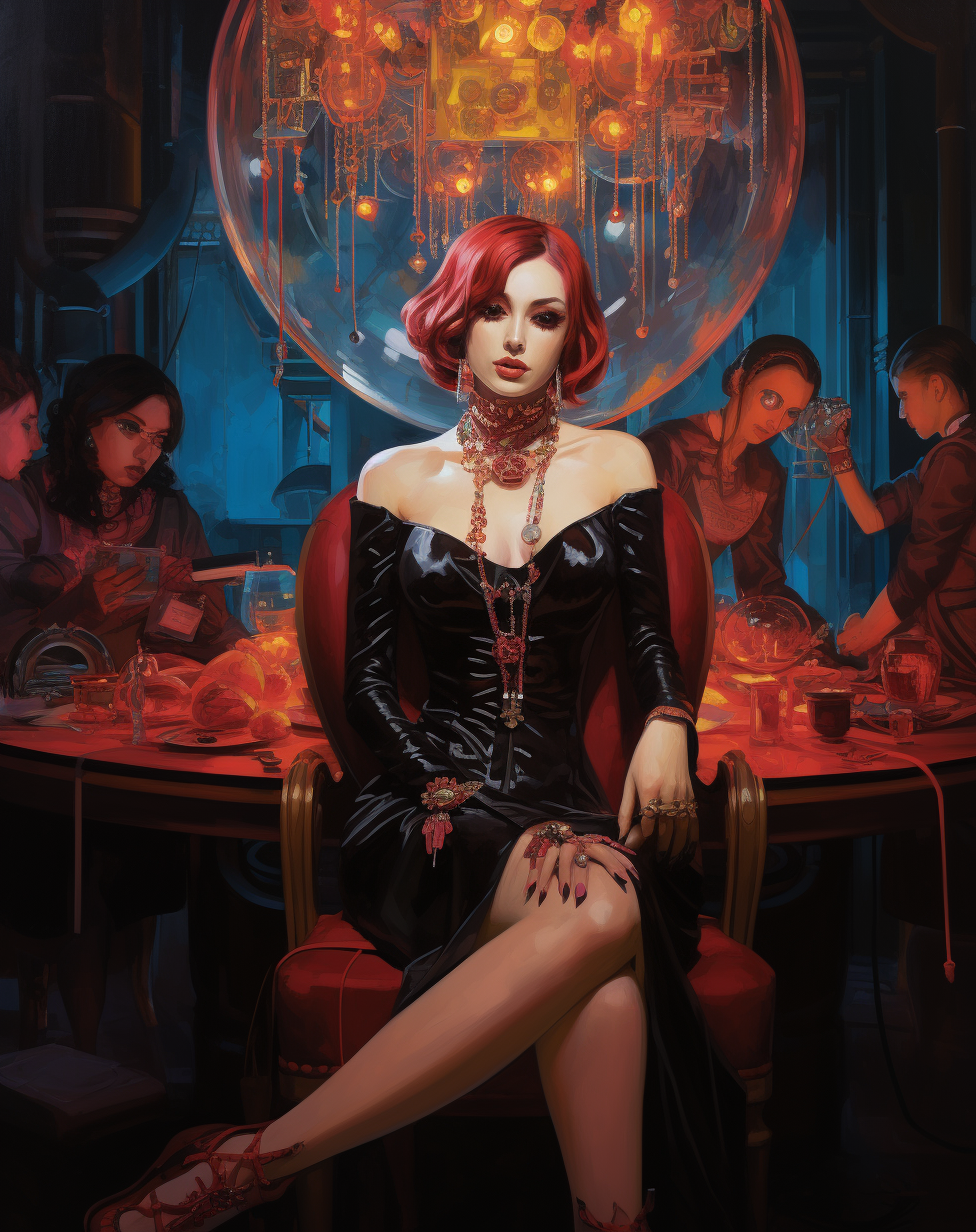 Ingres Inspired Painting with Jewellery in Neo-Victorian Cyberpunk Setting