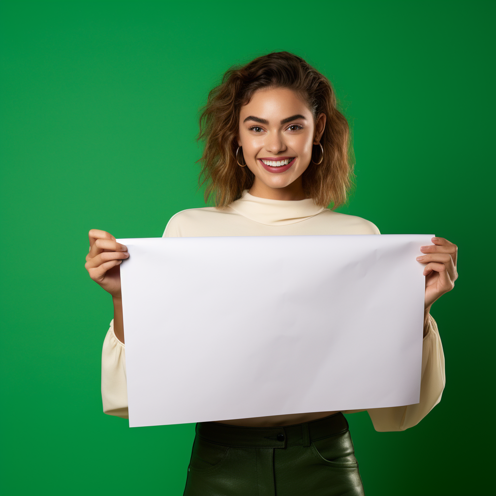 Ingrid holding blank paper with a smile