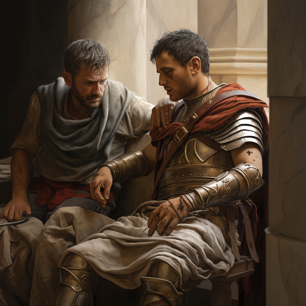 Injured Roman Soldier Getting Help from Doctor