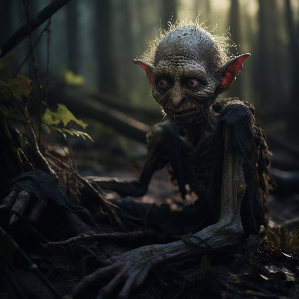 Injured young goblin in dark forest