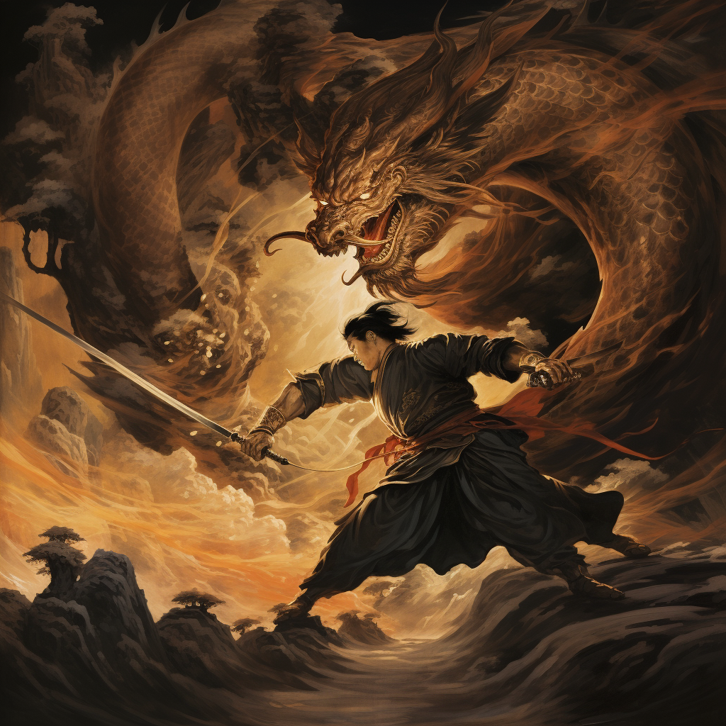 Ink Bending Samurai Facing Dragon