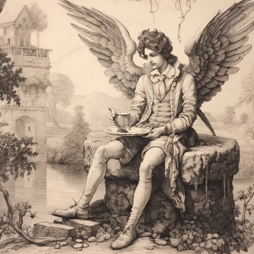 Lucifer young man ink drawing coffee garden