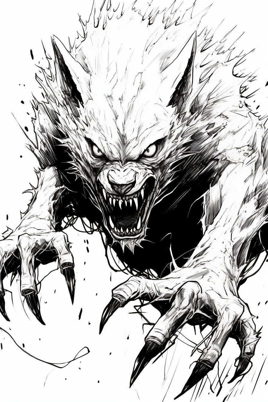 Ink drawing of humanoid wolf figure