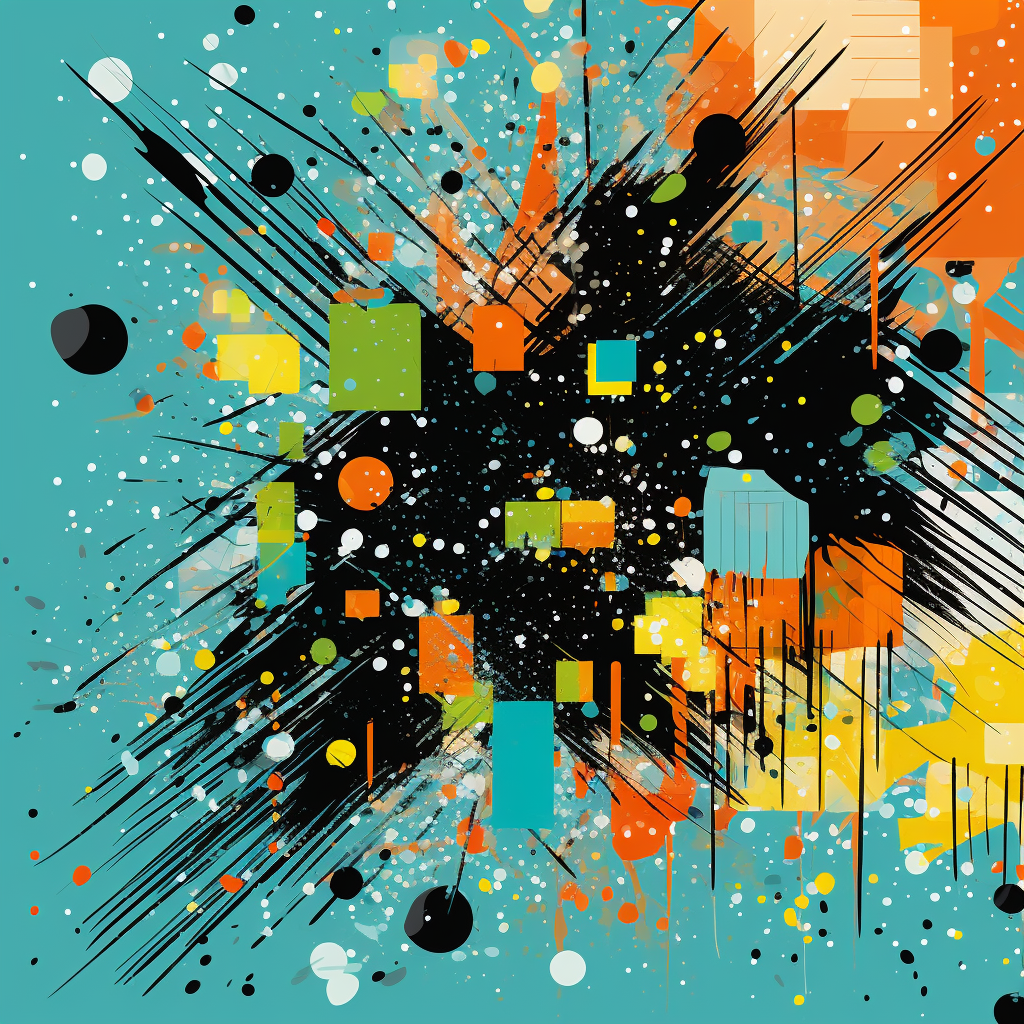 Colorful ink splatter with geometric shapes and halftone patterns.