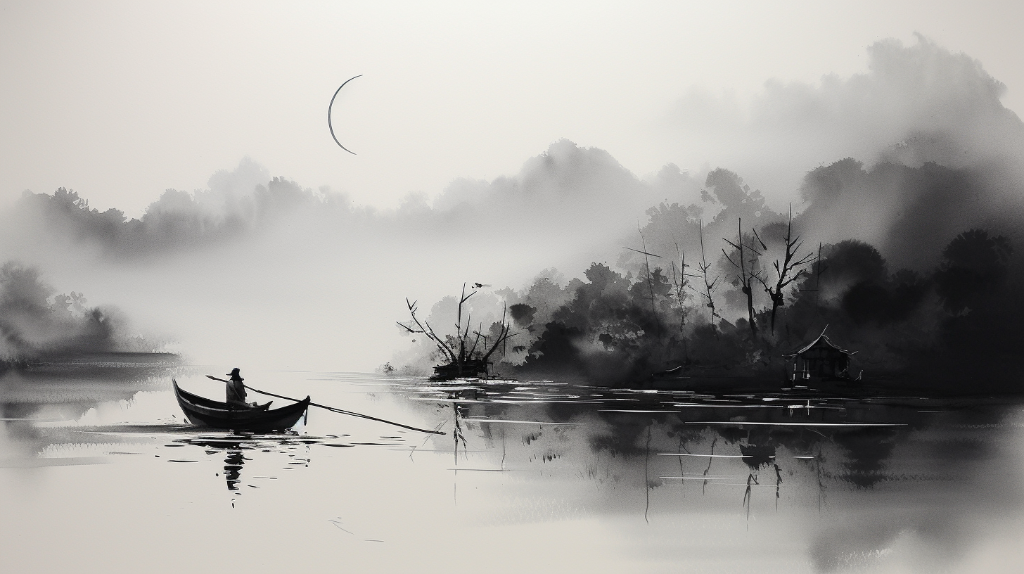 Dense fog river boat painting