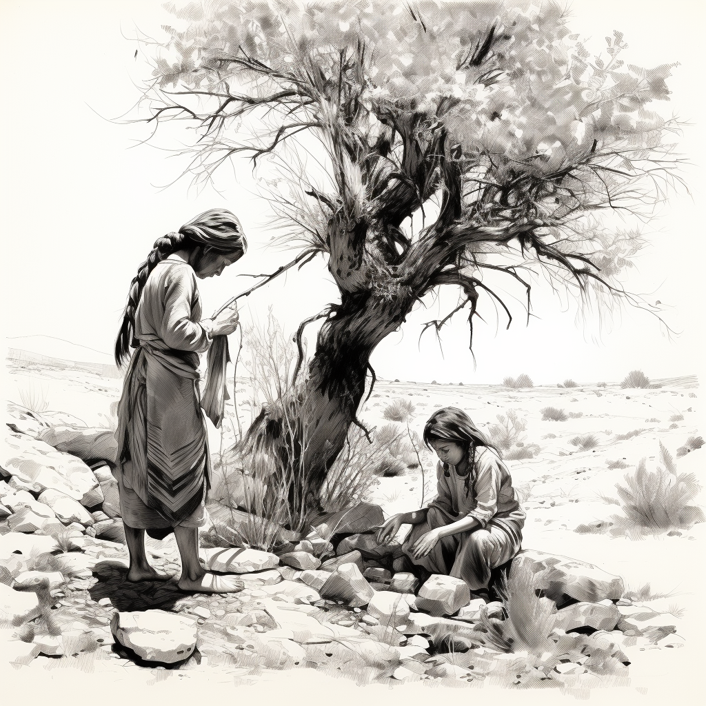 Native American woman and children collecting mesquite