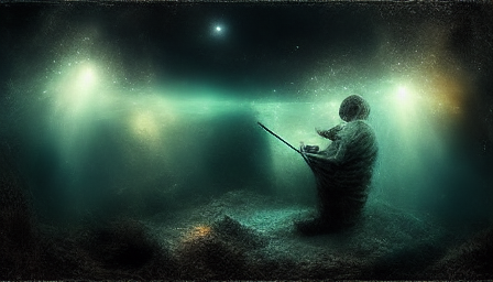 Writer fishing in cosmic ocean