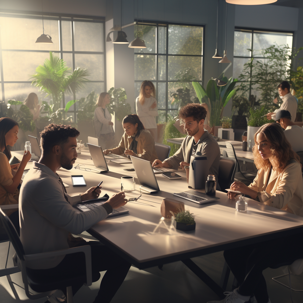 Innovative youth employees using phones at table