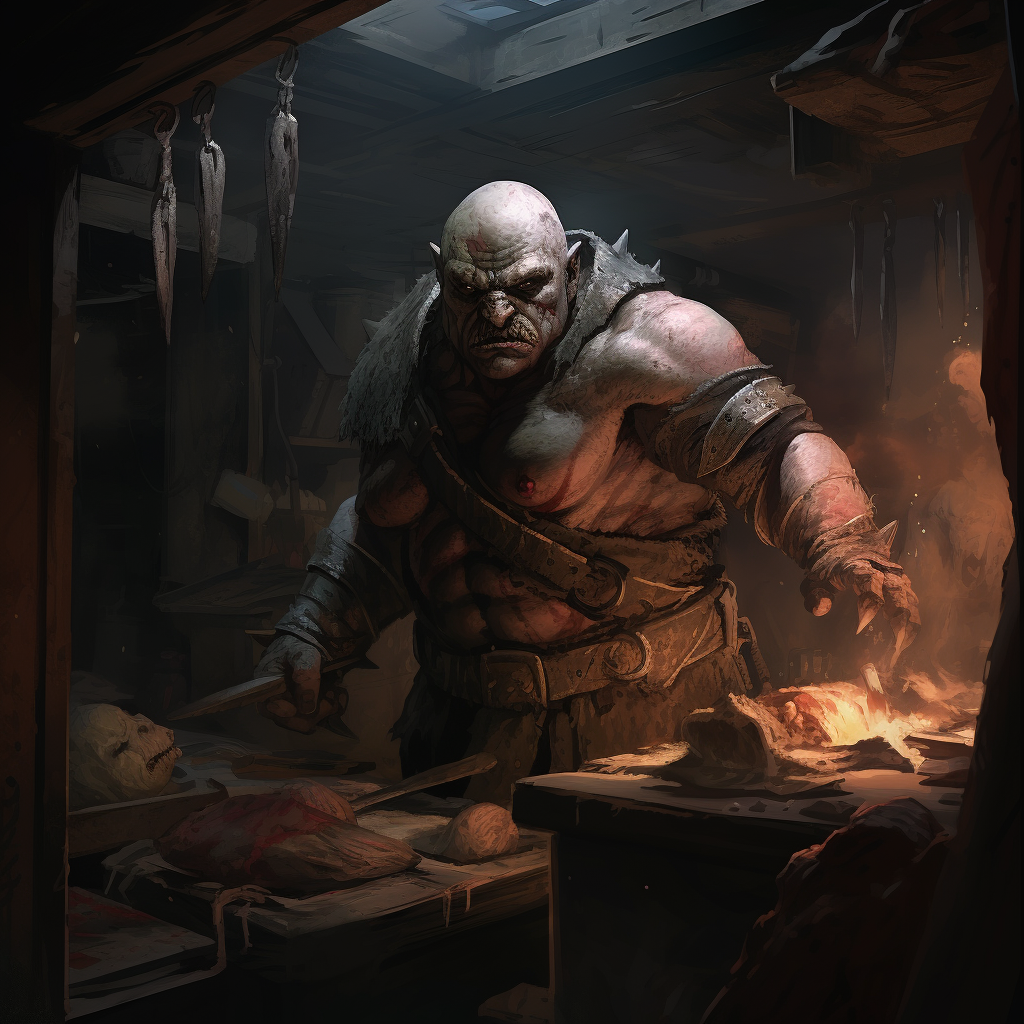 Half orc butcher assassin cutting meat