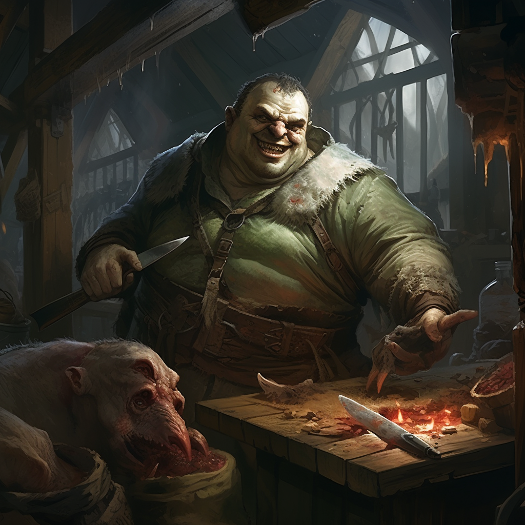 Insane fat half-orc butcher in warehouse